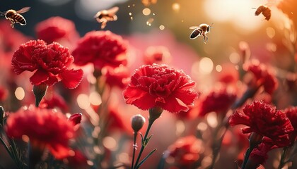 Red carnation detailed matte painting, in a field of flowers, bees buzzing, flower, nature, flowers, plant, garden, spring, pink, red, blossom, summer, bloom, beauty, flora, yellow, macro