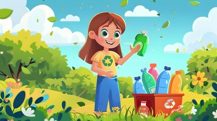 Wall Mural - Cheerful Young Girl Recycling Plastic Bottles in Lush Garden Setting