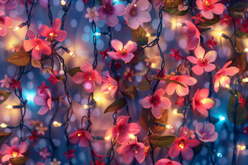 Wall Mural - Beautiful fairy lights pattern with flowers for background