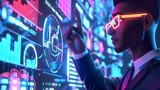 Fototapeta Przestrzenne - Futuristic Businessman Activating Data Analysis in Virtual Workspace with Augmented Reality Holographic Displays