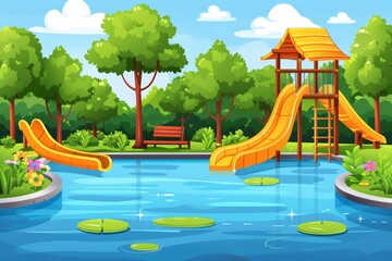 Wall Mural - Scenic aqua park water slide in orange and beautiful blue water background banner