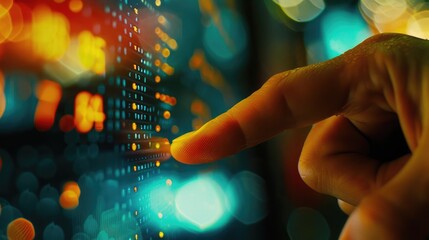 Poster - Close-up of finger pointing at trading indicator signals on computer monitor, assessing market momentum for well-timed trades.