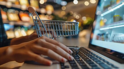 Poster - Close-up of hands typing on keyboard, managing online store to sell products and generate income through e-commerce platforms.