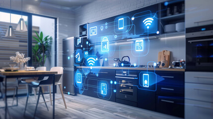 kitchen with remote control elements, smart home concept and internet control