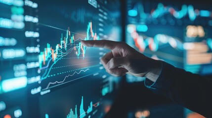 Poster - Hand indicating rising trend line on stock market graph displayed on computer screen, identifying potential bullish signals for trading.