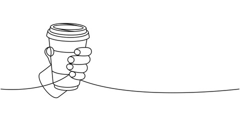 Wall Mural - Hand holds coffee cup one line continuous drawing. Hand drawn elements for cafe menu, coffee shop. Vector linear illustration.