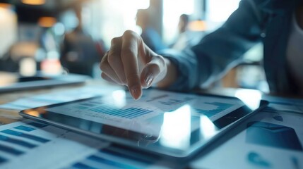 Poster - Person reviewing financial reports on tablet, analyzing online earnings and planning investment strategies for future growth.