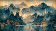 Edge-Lit Ancient Chinese Architecture: Handscroll Art, Detailed Compositions, Naturalistic Flora and Fauna, Historical Aerial View