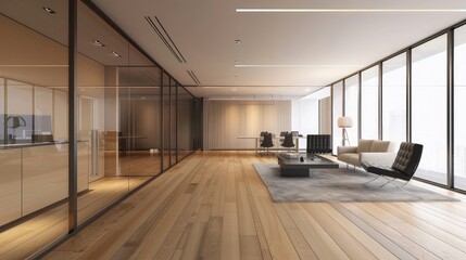 Sticker - Contemporary office space with minimalist design featuring sleek wooden flooring and modern furniture.