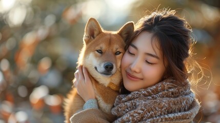 Wall Mural - happy asian woman huggings her japanese shiba dog in a park