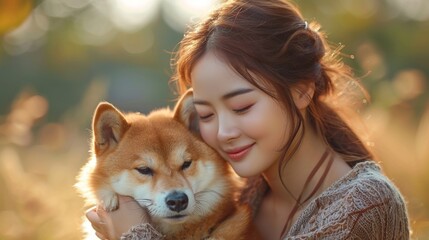 Wall Mural - happy asian woman huggings her japanese shiba dog in a park