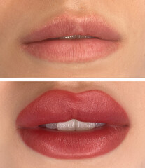 Wall Mural - collage of permanent makeup on the lips of a young woman of a delicate peach shade close-up, a girl before and after a cosmetic procedure with smooth and clean healthy skin.