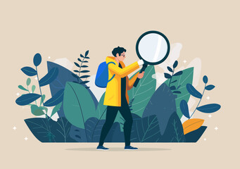 Poster - professional businessman exploring internet websites with magnifying glass, search engine optimizati
