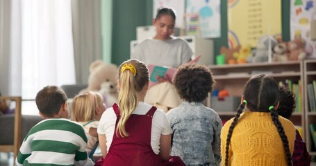 Poster - Kindergarten, children and teacher reading a story in montessori school, classroom and learning. Kids, fairytale and woman teaching language with creative fantasy stories in preschool education