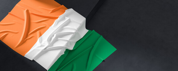 Wall Mural - Flag of Ireland. Fabric textured Ireland flag isolated on dark background. 3D illustration