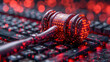 Close up of judge gavel and binary code with bokeh background