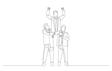 Wall Mural - Continuous one line drawing of two businessmen carry colleague on their shoulders, business team celebration concept, single line art.