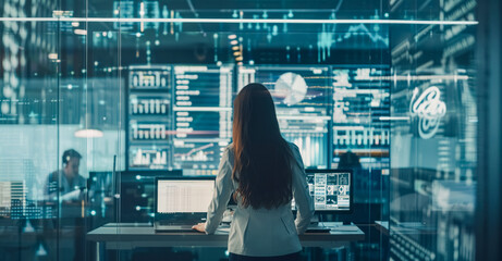 Female IT technician in a modern office setting, standing near a large screen displaying code and software design elements