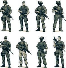 Wall Mural - Military man vector illustration mega set, marines, NAVY, army soldier