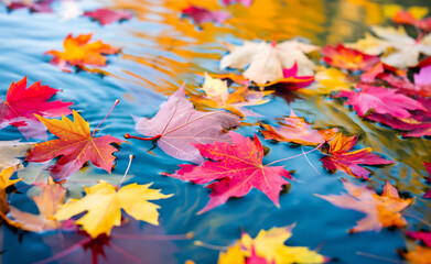 Wall Mural - Autumn Leaves Floating on a Pond: A Colorful Foliage Display