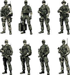 Wall Mural - Military man vector illustration mega set, marines, NAVY, army soldier