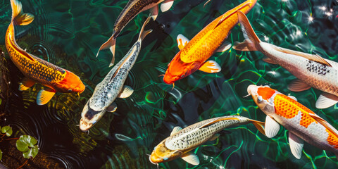 Wall Mural - A group of koi fish swimming in a pond