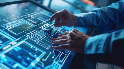 Macro view of an engineer programming smart grid technology, illustrating advancements in electricity distribution and management. 