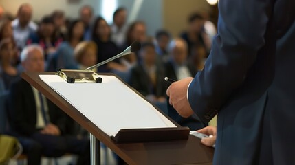 Poster - Close-up of an environmental lawyer presenting a case for stricter emissions regulations at a public hearing. 