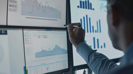 Poster - Close-up of a financial analyst calculating the return on investment for a solar farm project, using charts and data analysis.