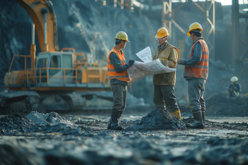 Structural engineer and foreman worker with touch pad discuss, plan working for the outdoors building construction site.