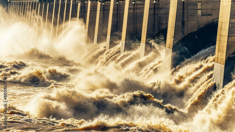 Overflow Shot Detailed shot of a hydropower dam managing overflow after heavy ...