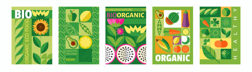 food pattern poster. healthy geometric. farm organic design abstract flat style. bio avocado, nature