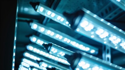 Sticker - Close-up of an energy-efficient LED lighting system in a poultry farm, enhancing animal welfare and reducing energy costs. 