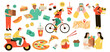 Food delivery. Takeaway lunch. Courier on fast scooter or bike. People with sandwich or pizza. Meal sale. Online service app. Pay for purchase. Cafe delivering elements set. Vector garish illustration