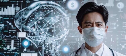 Asian doctor on technology background.  Medical healthcare job. Generative AI technology.	
