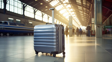 A solitary piece of luggage stands abandoned on a patterned tiled floor, waiting for its owner to return