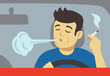 Close-up of a male driver smoking cigarette in a car. Front view. Flat vector illustration template.