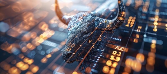 Poster - Bull head symbol of stock bullish profit. Economy business market statistic. Generative AI technology.	
