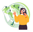 Corporate work. Delivery company. Woman searching location with magnifier at world map. Route pins. Business shipment. Global navigation. Shipping destination. Logistics way finding. Vector concept
