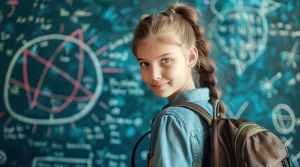 Wall Mural - A candid shot of a young girl with her backpack slung over one shoulder, a blue chalkboard with drawings and equations in the background