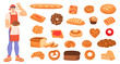 Bakers craft. People hobby. Man baking bread and pastry. Wheat flour products. Baguette toast. Sweet pie. Pretzel and croissant. Tasty cookie. Chef cooking fresh loaf or bun. Vector bakehouse food set