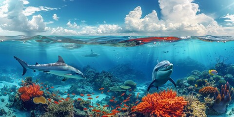 Above and below surface of the Caribbean sea with coral reef, fishes and dolphin underwater and a cloudy blue sky.