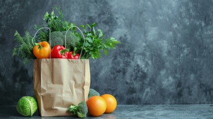 Wall Mural - paper bag with groceries, empty background.