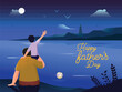 Back View Son Sitting on His Father Shoulder in Front of Beautiful Beach Scene at Moon Night, Happy Father's Day Concept.