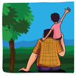 Back View Son Sitting on His Father Shoulder in Front of Greenery Garden, Happy Father's Day Concept.