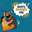 Happy Father's Day Greeting Card with Daughter Combing her Dad Hair on Blue Background.