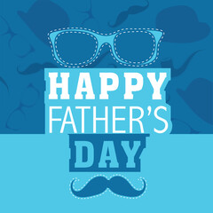 Sticker - Happy Father's Day Celebration Greeting Card with Goggles, Mustache on Blue Background.