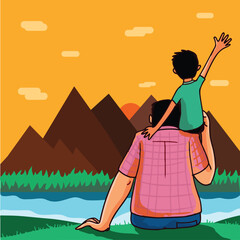 Sticker - Back View Son Sitting on His Father Shoulder in Front of Beautiful Sunrise or Sunset Mountain Landscape Scene, Happy Father's Day Concept.