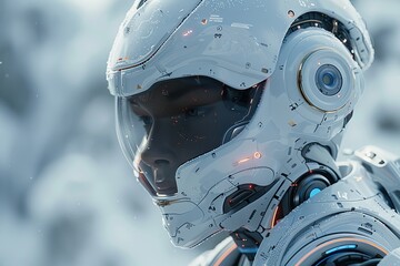 Poster - A humanoid robotic head with intricate designs and blue cool tones, suggesting advanced AI and robotics