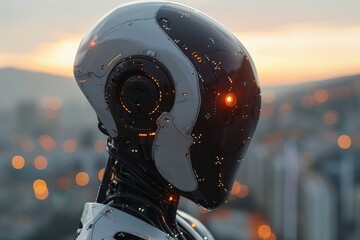 Poster - Close-up of a detailed robotic head with city lights and sunset reflections, showing futuristic technology